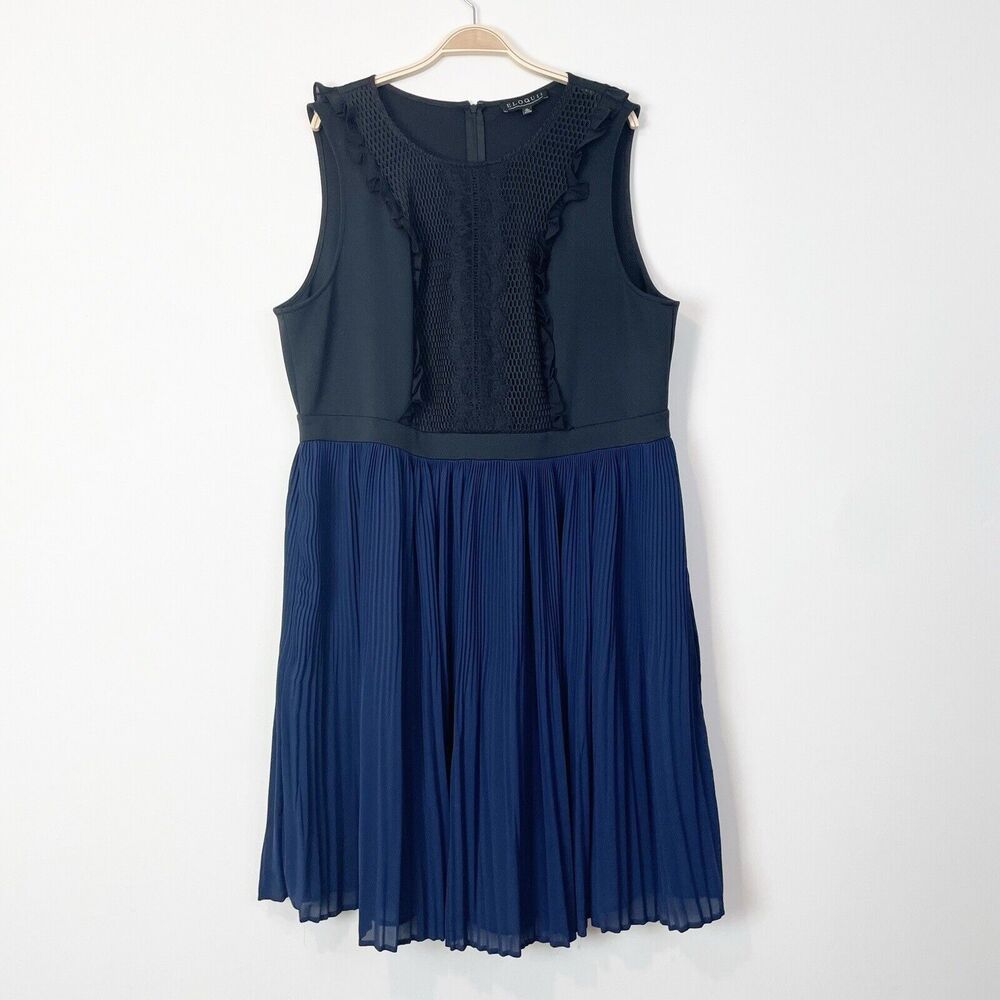 Eloquii Lace Ruffle Bodice Sleeveless Pleated Skirt Cocktail Dress Black Navy 22